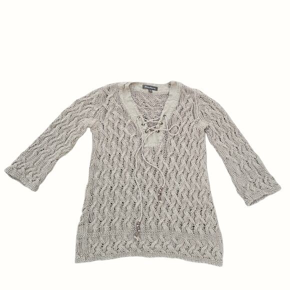 Loose Knit Linen Blend Sweater Tommy Bahama Size S Vneck Beaded Tie Solid Tan - Picture 9 of 9